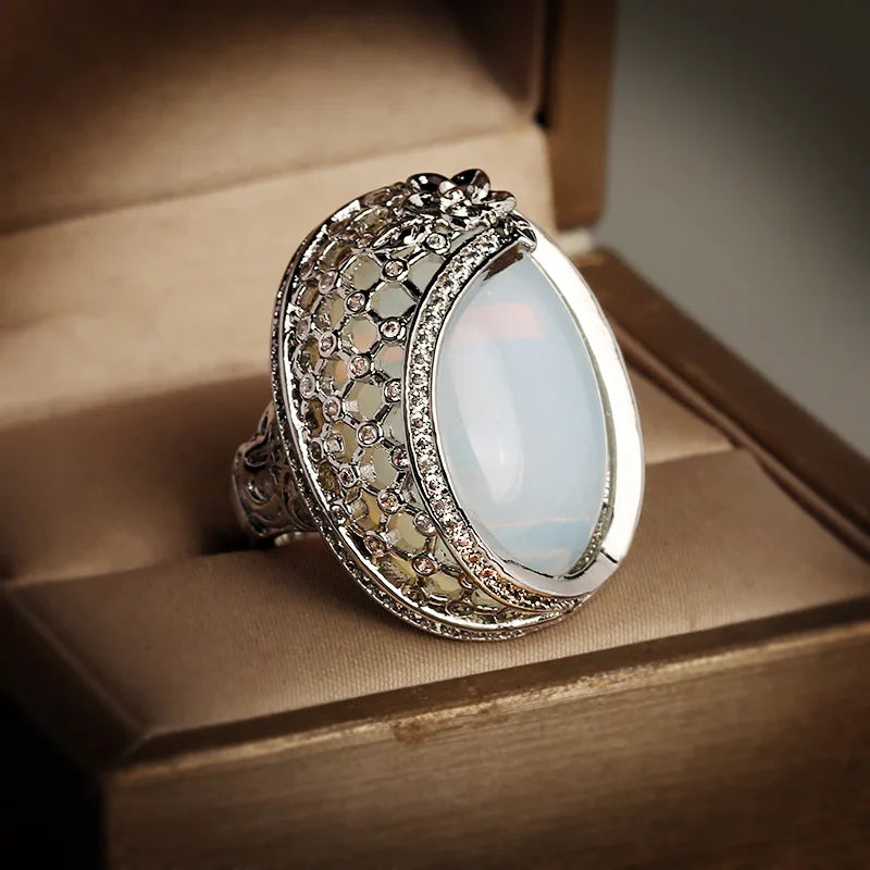 Vintage 925 Sterling Silver Opal & CZ Carving Ring - Egg-Shaped Engagement/Wedding Jewelry Gift for Women