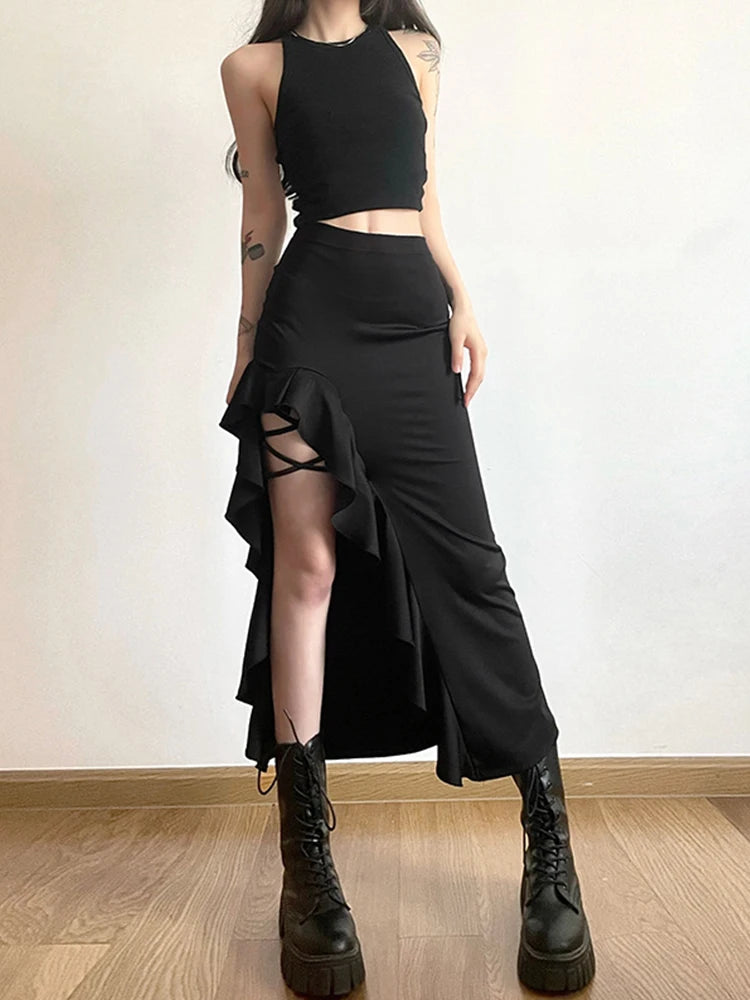 AltGoth  Coquette Mall Goth Skirt Women Streetwear Grunge High Waist Irregulr Split Skirt Vintage Emo Alternative Indie Clothes