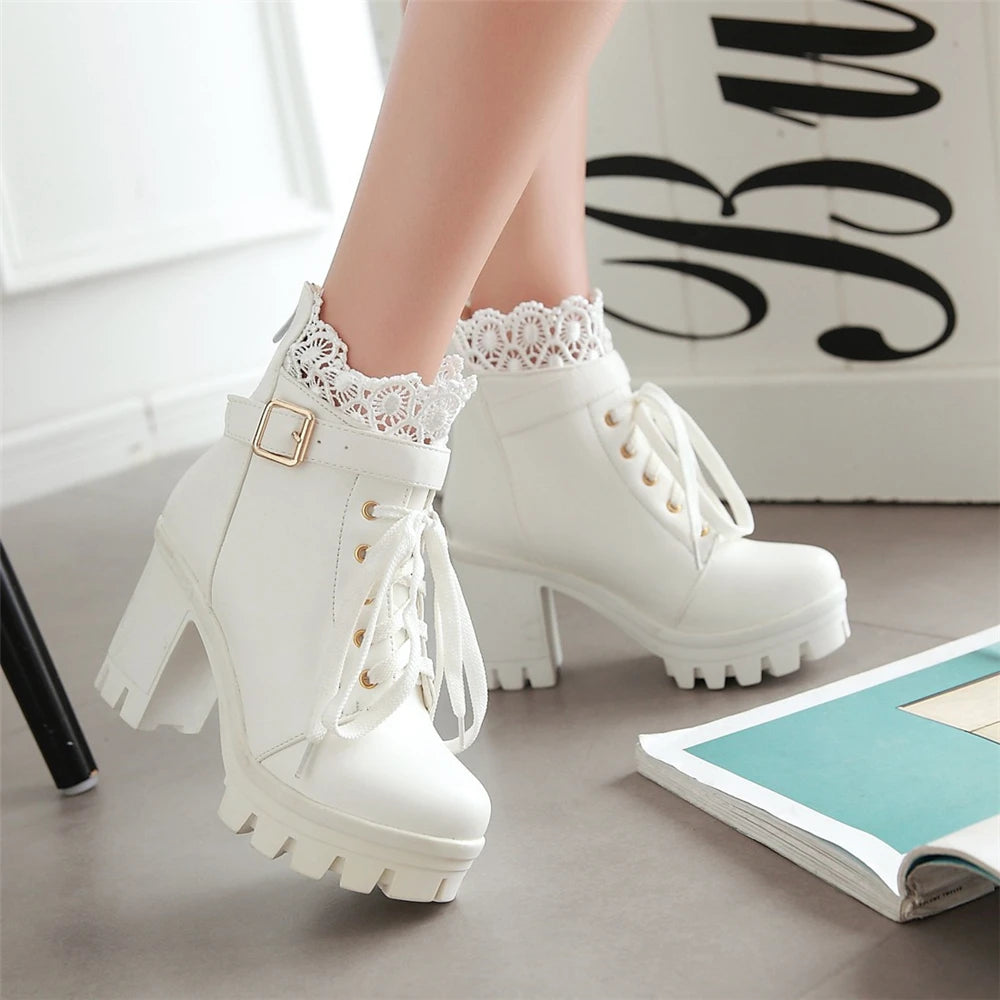 Winter New High-heeled Coarse Heel Platform Marton Boots Frenulum Waterproof Thick Bottom White Women Boots Zapatos De Mujer 33