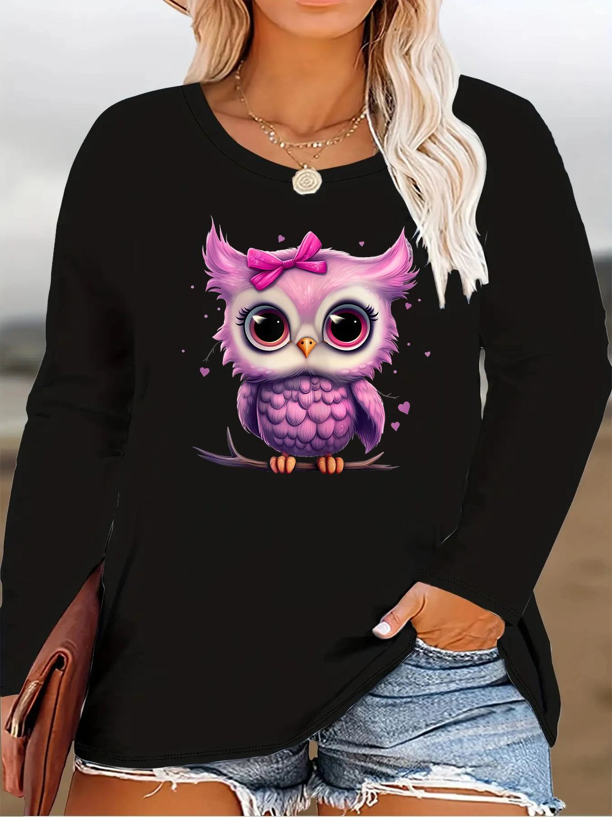 Plus Size Cartoon Cute Bow Purple Owl Print Graphic Long Sleeve T-Shirt | Retro Unisex Casual Women’s To