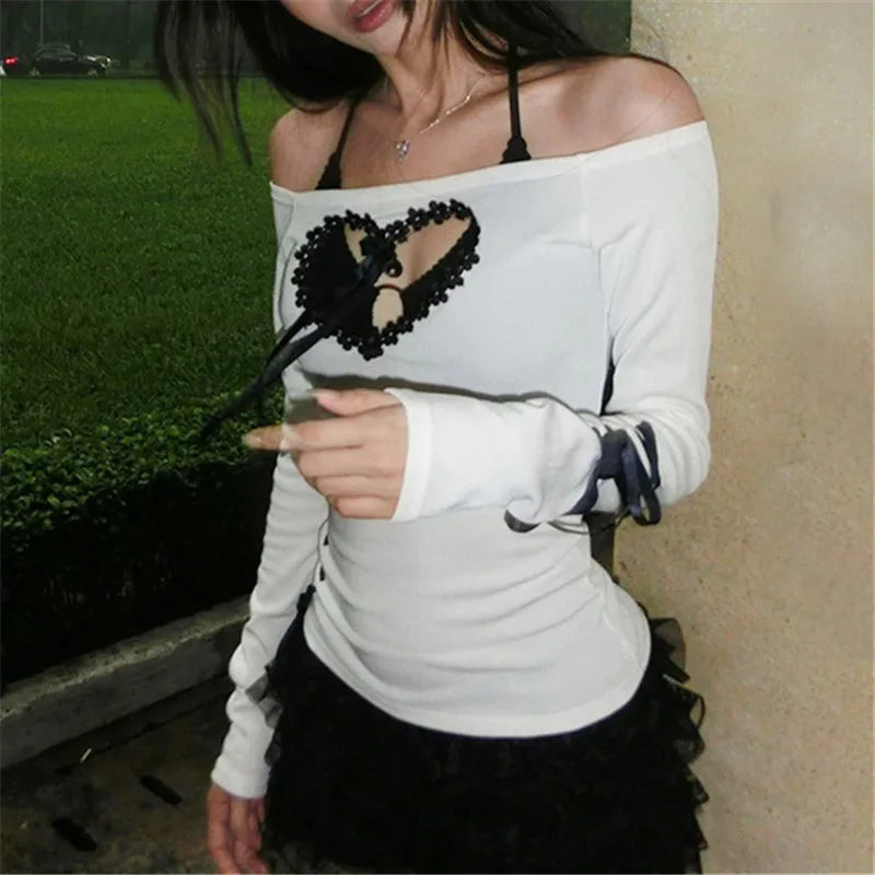 Goth Dark Y2K Heart Hollow Out Long Sleeve Top – Aesthetic Fairy Patchwork Bandage Slash Neck T-Shirt