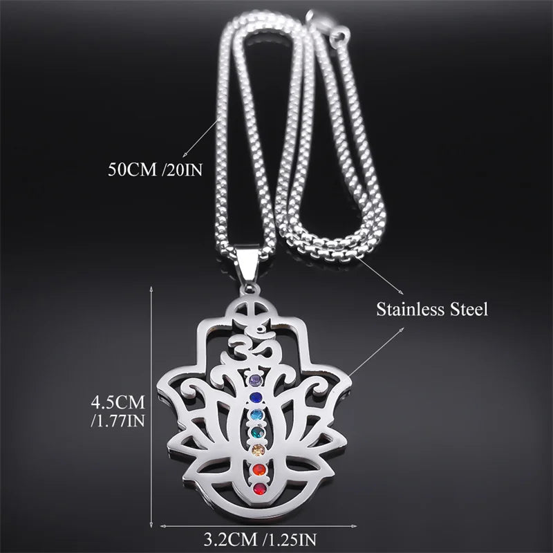 Aesthetic 7 Chakra OM Lotus Flower Pendant Necklace for Women Men Stainless Steel Yoga Healing Chain Jewelry collar N9727S02