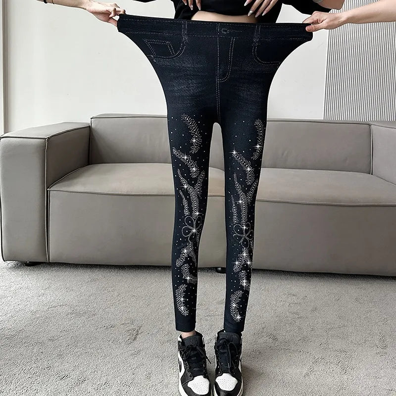 Fashion Black Rhinestone Leggings – Women Stretchy Skinny Casual Cropped Pants