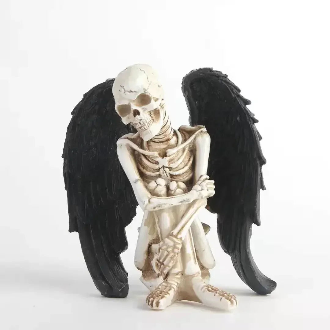 Resin Skeletons Statue with Black Angel Wings | Collectible Skull Figurine for Home Decor