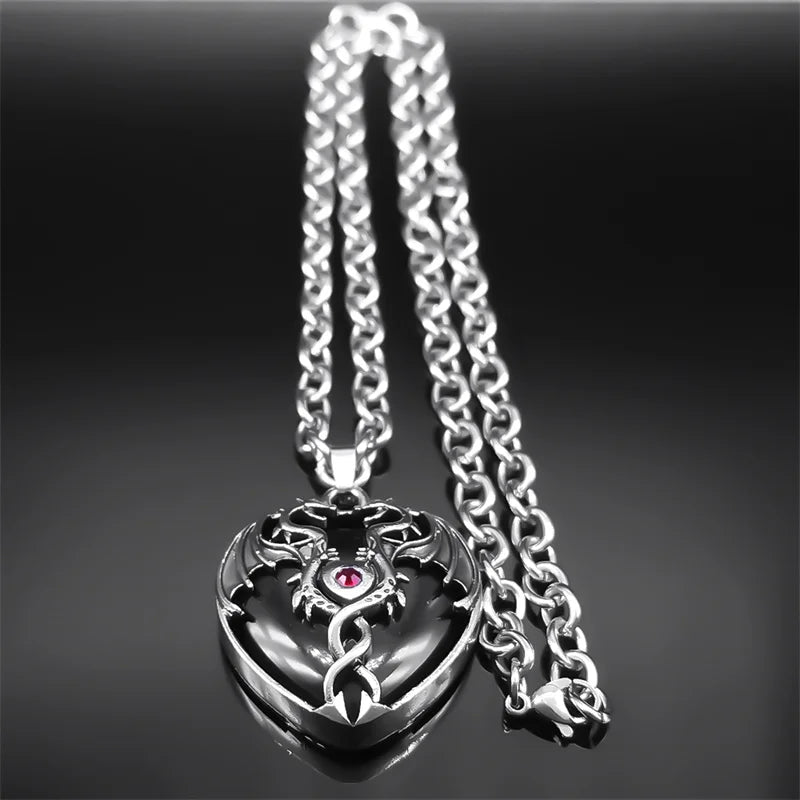 Goth Double Dragon Heart Necklace – Black Stone, Stainless Steel, Y2K Star Girl Design, Men & Women Halloween Jewelry Gift