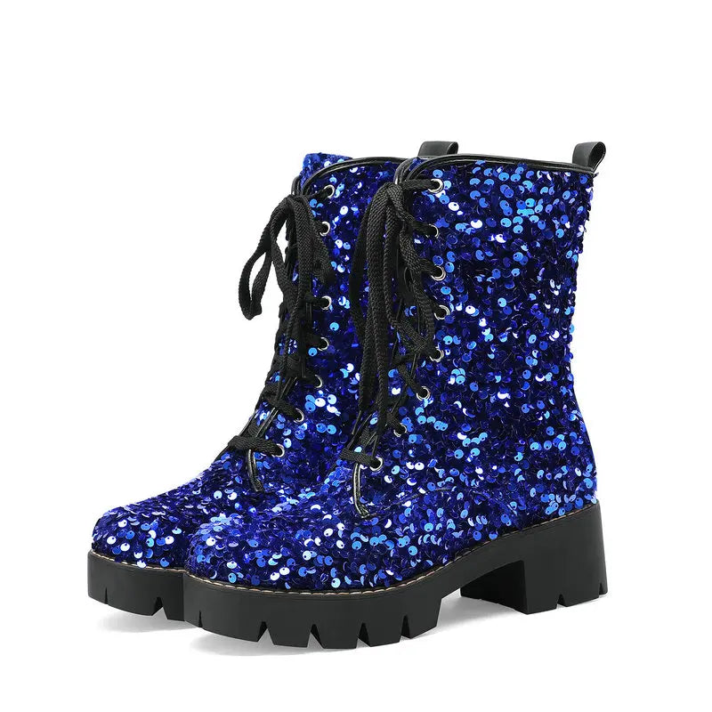 Bling Glitter Party Goth Shoes for Women | Shiny Pink, Blue, Purple Lace-Up Platform Chunky Heel Ankle Motorcycle Boots