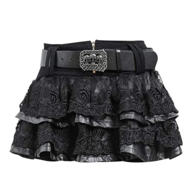 Black Mini Skirt Women with Belt Harajuku Goth Emo Skirts Dark Academia Aesthetic Korean Fashion Cute Gothic Clothes