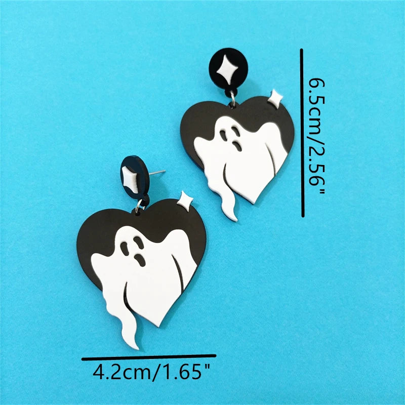 KUGUYS Ghost Heart Drop Earrings - Black and White Acrylic Halloween Jewelry Accessories for Women