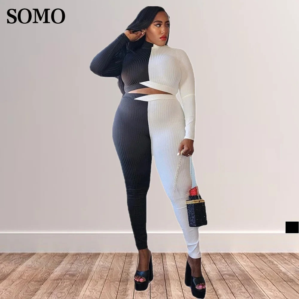 SOMO Plus Size Women’s Casual Contrast Color Block Ribbed Outfits Crop Top Two Piece Pants Set