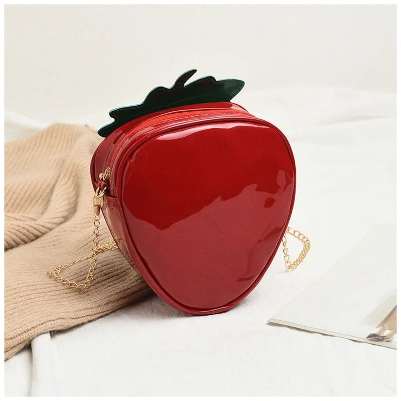 Strawberry Shaped Fun Novelty 3D Zip Closure Crossbody Bag With Chain Strap