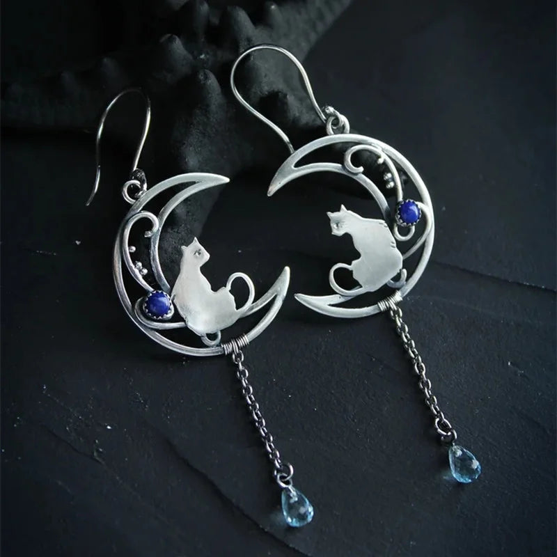 Retro Metal Carving Cat Earrings - Fashion Silver Color Moon Handmade Hanging Chain Sea Blue Zircon Dangle Earrings for Women