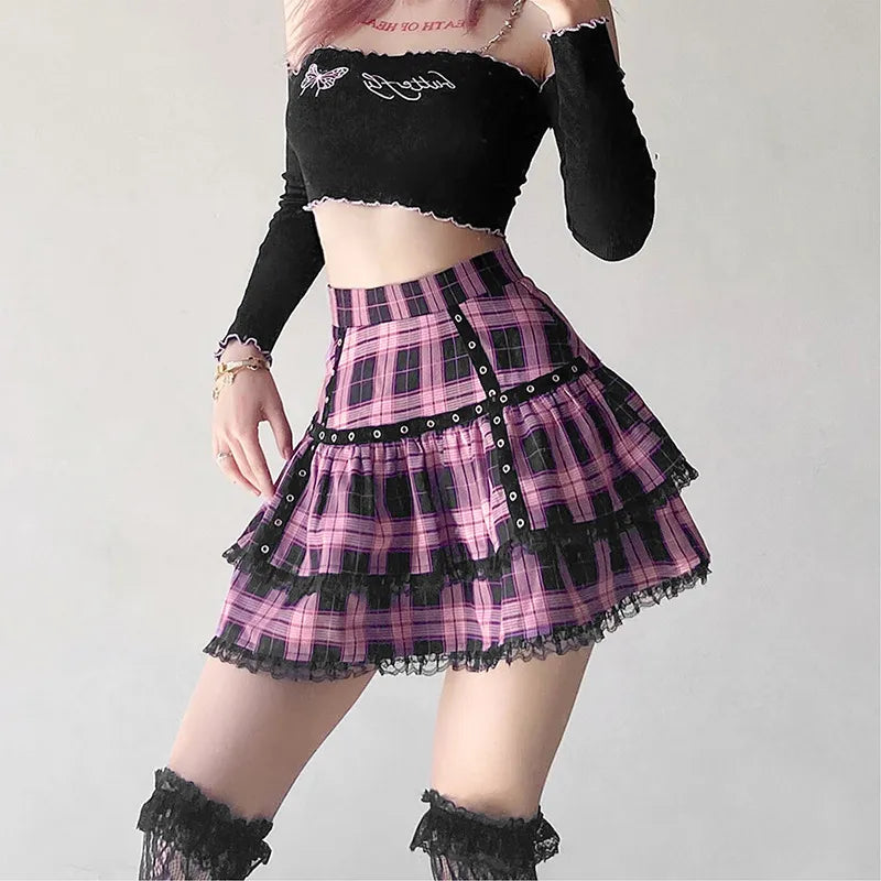 FICHOR Mall Goth Lace Ruffle Mini Skirt | Harajuku Fairy Grunge Pink Plaid Pleated Skirt