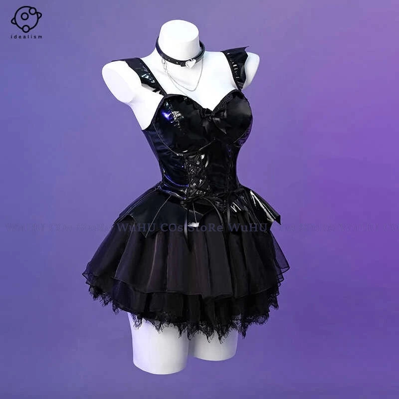 Demon Cosplay Costumes Black Lace Sexy Leather Dress Women Cute Sexy Evil Anime Couple Uniform Backless Dress Gloves Skirt