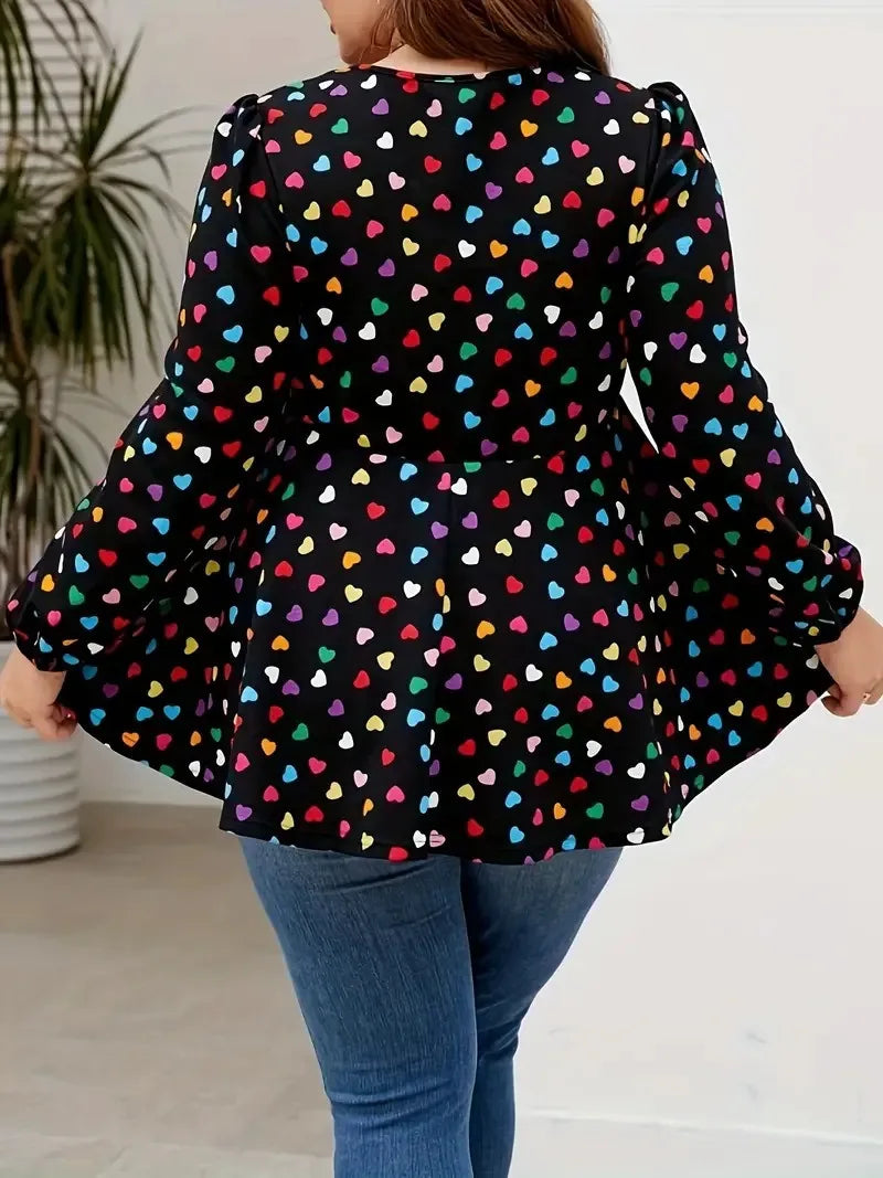 GIBSIE Plus Size Heart Print V-Neck Peplum Blouse for Women 2024