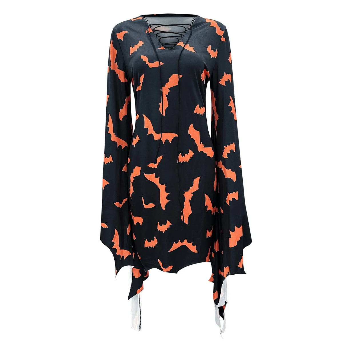 2024 Casual Plus Size Halloween Dress – Women’s Batwing Sleeve, Bat Printed Tie V-Neck Cosplay Mini Dress