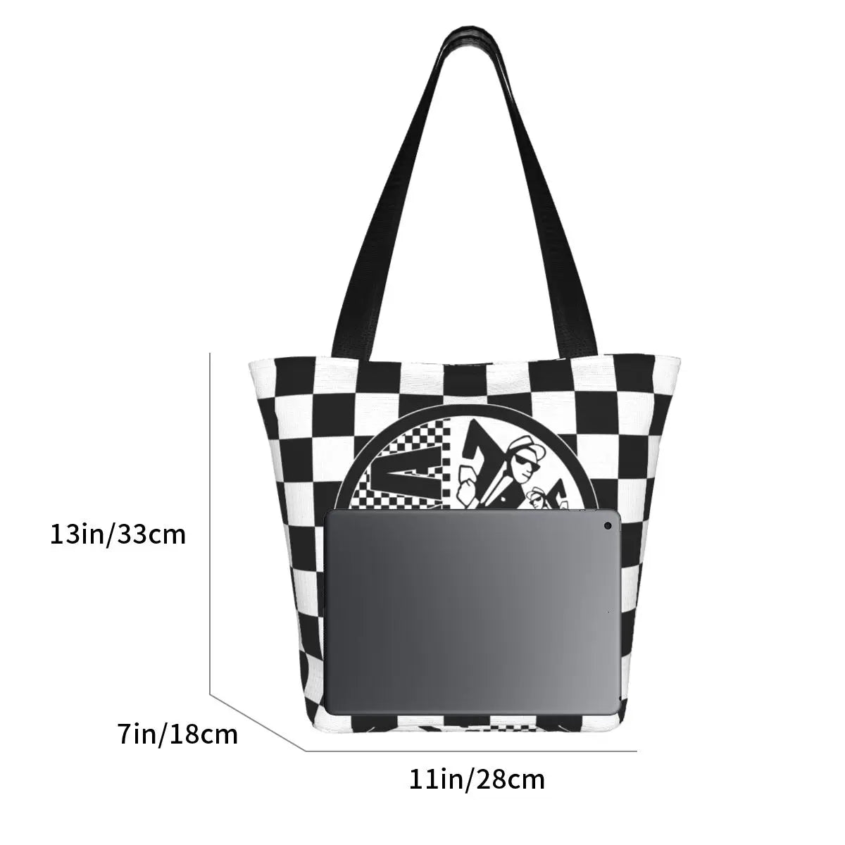 2 Tone Ska-Rock Revival Tote Bag – Women's Top Handle Checkered Handbag with Zipper Opening, Rocksteady Punk Rock Music Style