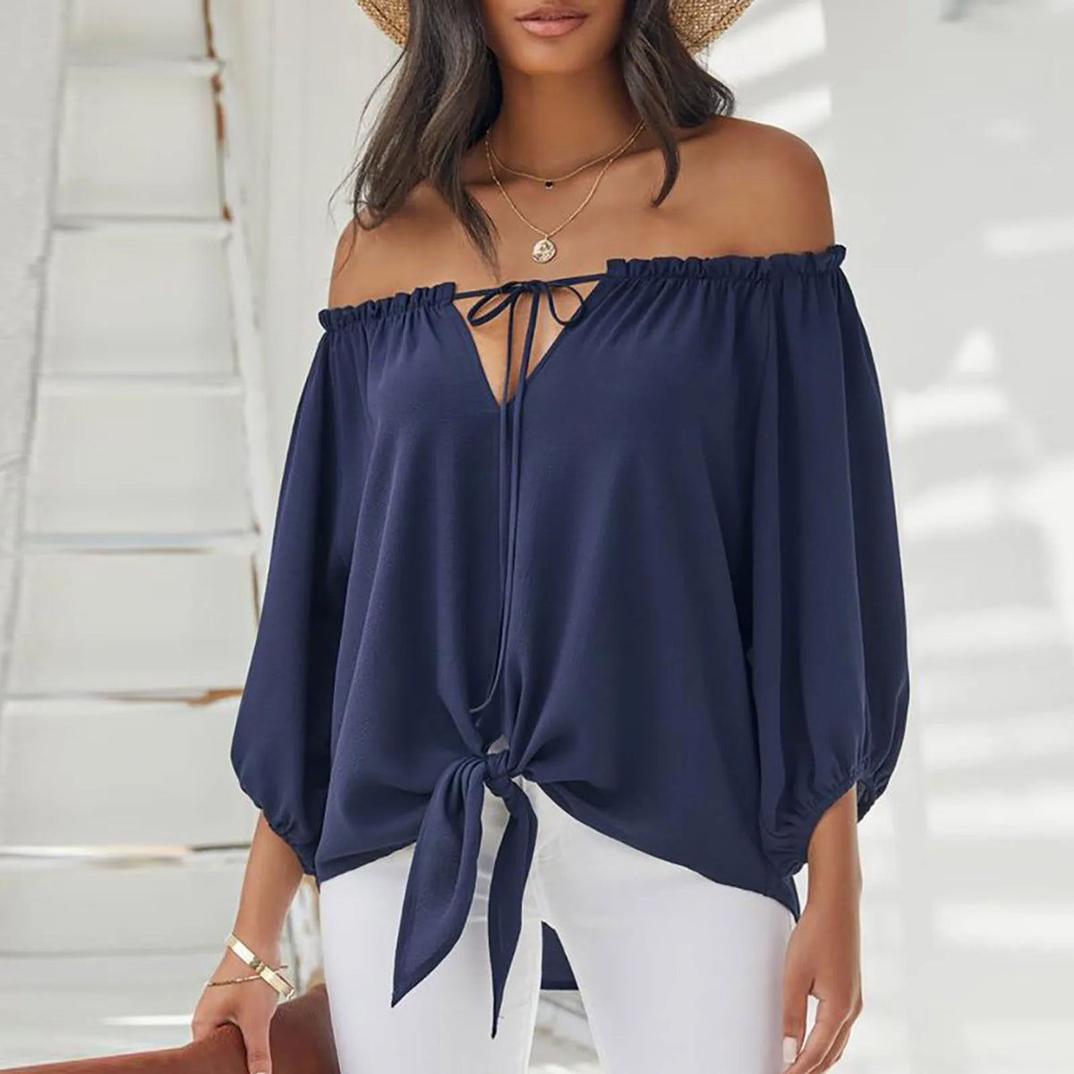 Elegant Off-Shoulder Summer Blouse - Half Sleeve Women's Tops, Office Blusas with Casual Loose Fit, Solid Color and Tie Detailing