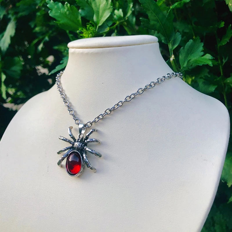 Vintage Red Crystal Spider Pendant Necklaces Punk Rock Gothicinsect Animal Choker For Men Boyfriend Gift Party Club Jewelry