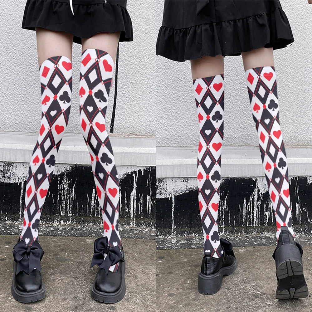 New fashion poker pattern thigh stockings ladies sexy love plaid sweet stockings Halloween Cosplay calf socks high quality