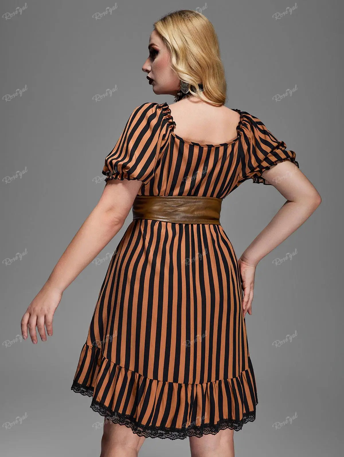 ROSEGAL Plus Size Gothic Dress with Lace-Up PU Panel Belt | Coffee Striped Puff Sleeves | Ruched Lace Trim and Ruffles