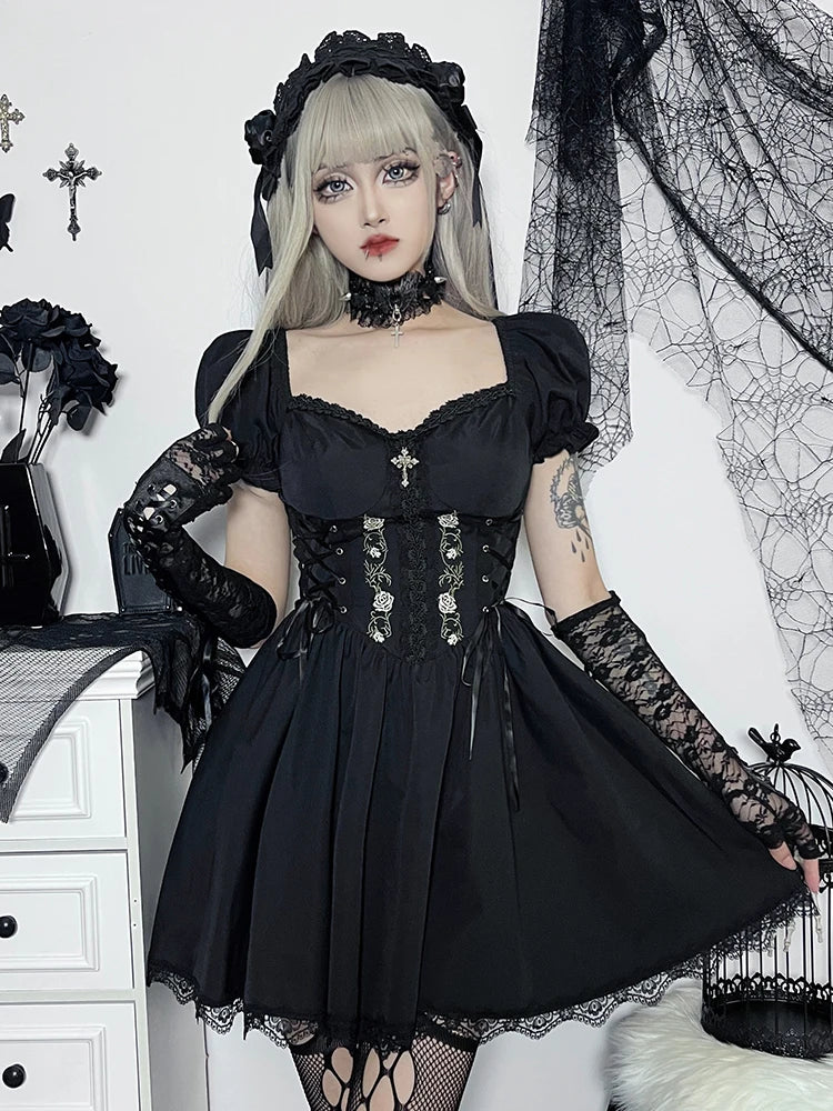 AltGoth Vintage Gothic Princess Dress Women Dark Harajuku Lace Up Cross Corset Dress Streetwear Partywear Lolita Dress