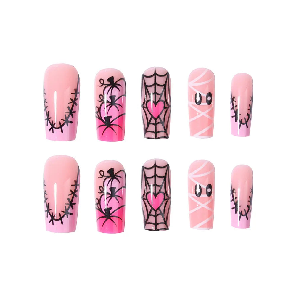 24pcs Halloween Press-On Nails – Medium Square Pink Nails with Pumpkin, Mummy, and Cobweb Design for Women