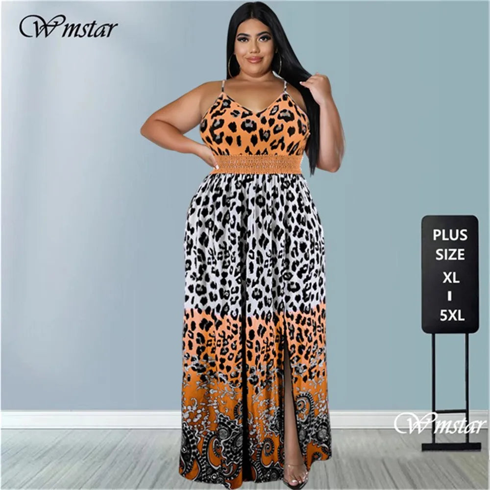 Wmstar Plus Size Dresses Women Summer Holiday Slip Leopard Print Patchwork Elegant Party Sexy Maxi Dress Wholesale Dropshipping