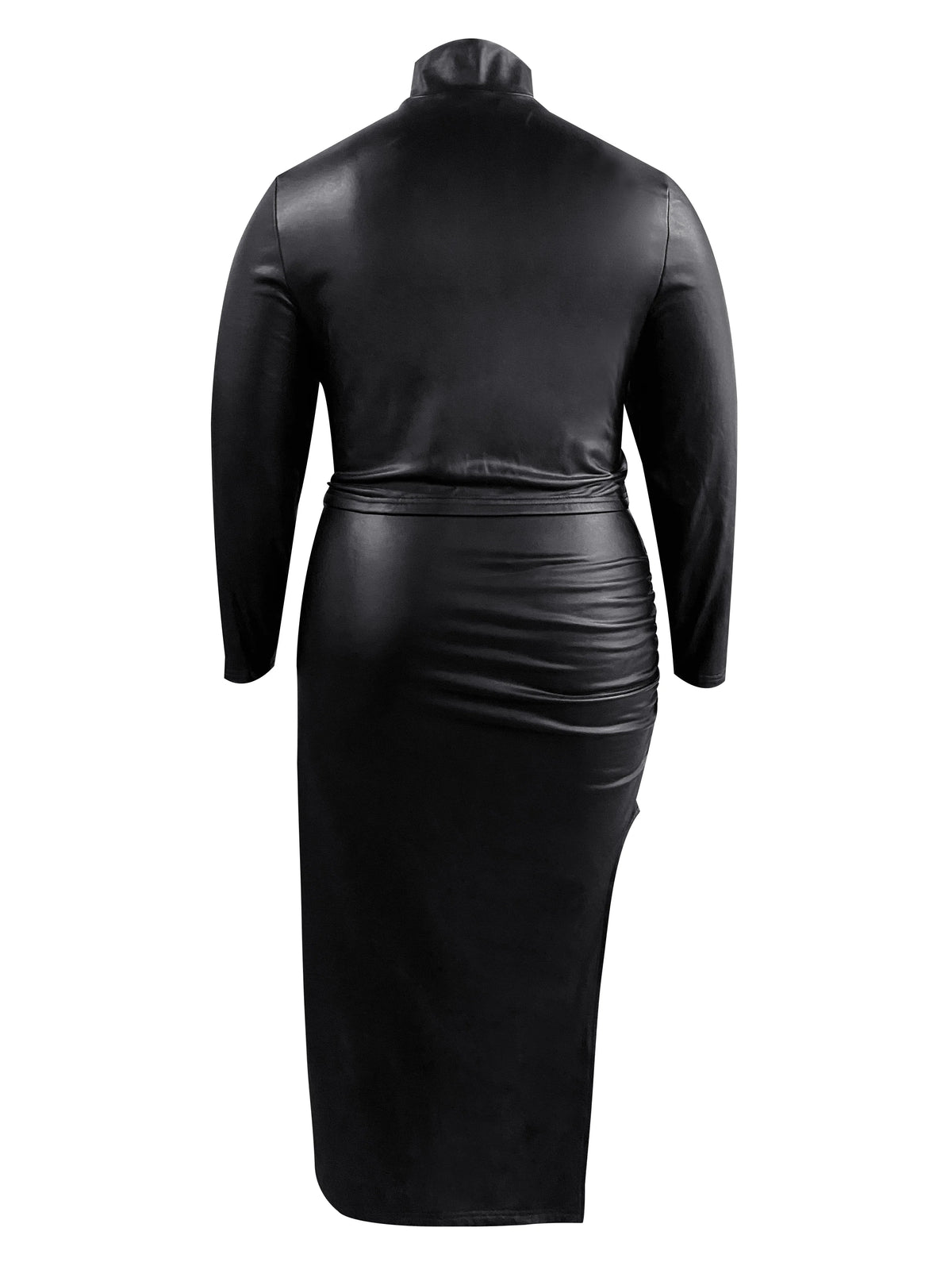 LW Plus Size Faux Leather Turtleneck & Thigh-Slit Skirt Set – Black Long Sleeve Skinny Top + Asymmetric Midi Skirt