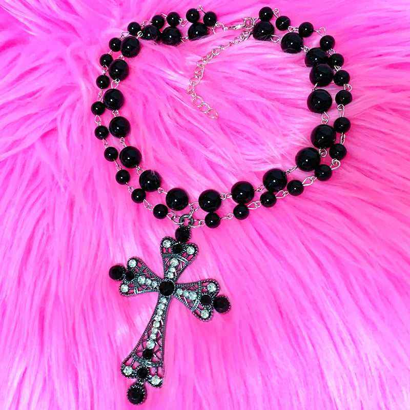 Y2K Jewelry Black Beads Crystal Cross Pendant Necklace Women Goth Accessories Charm Necklace Korean Fashion Choker Punk Grunge