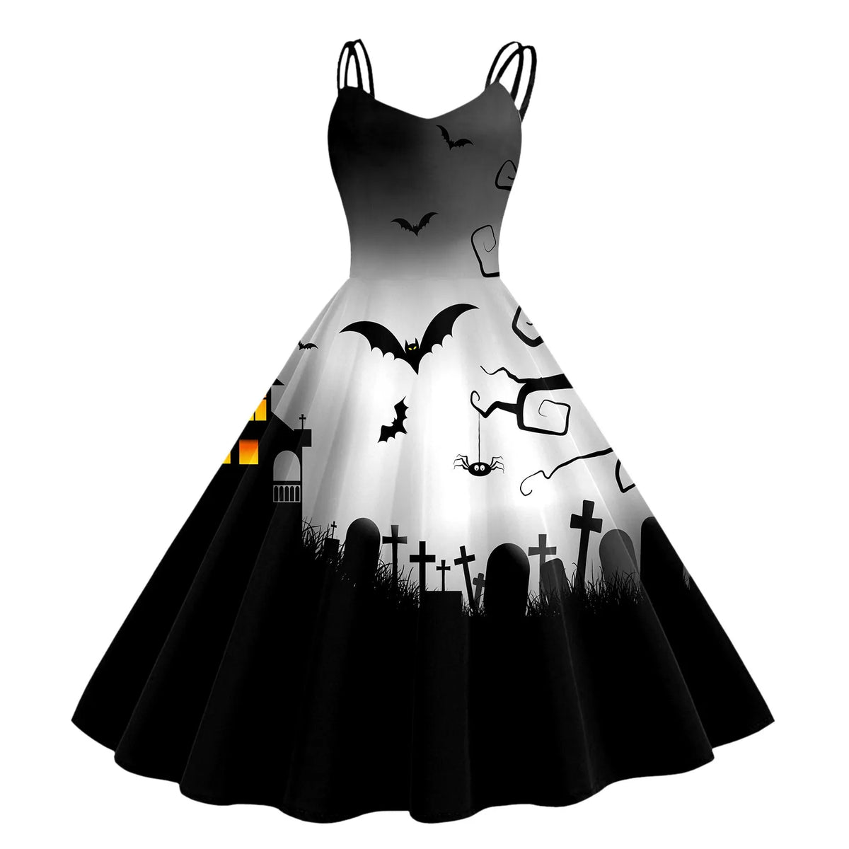 Gothic Carnival Party Dress for Women - Sexy Straps Swing Midi Dress for Daily Wear or Halloween Cosplay