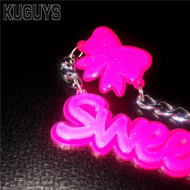 KUGUYS Glitter Pink ‘Sweet’ Letter Drop Earrings | Bowknot Acrylic Jewelry Accessories for Women