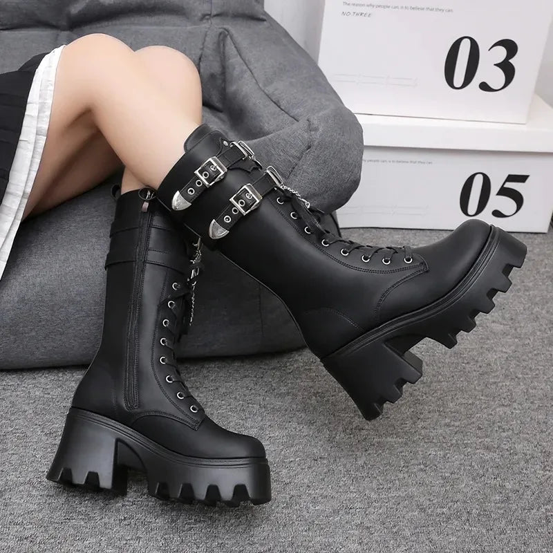 Women's Punk Gothic Buckle Chain High Heel Mid Calf Boots - Black PU Leather Fashion