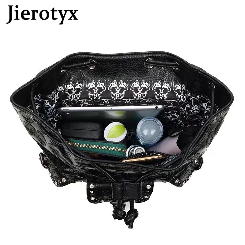 JIEROTYX Skull Backpack Women Gothic Rivet Studded Zipper Shoulder Purse Black Punk Metal 3D School Bags