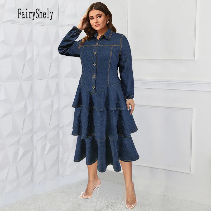 2024 Winter Plus Size Denim Midi Dress for Women – Long Sleeve, Button-Up, Tiered Ruffle Design with Turn-Down Collar