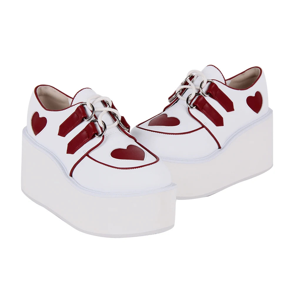 Women’s Punk Rock Chunky Platform Shoes - White with Red Heart Accents and Lace-Up Detail