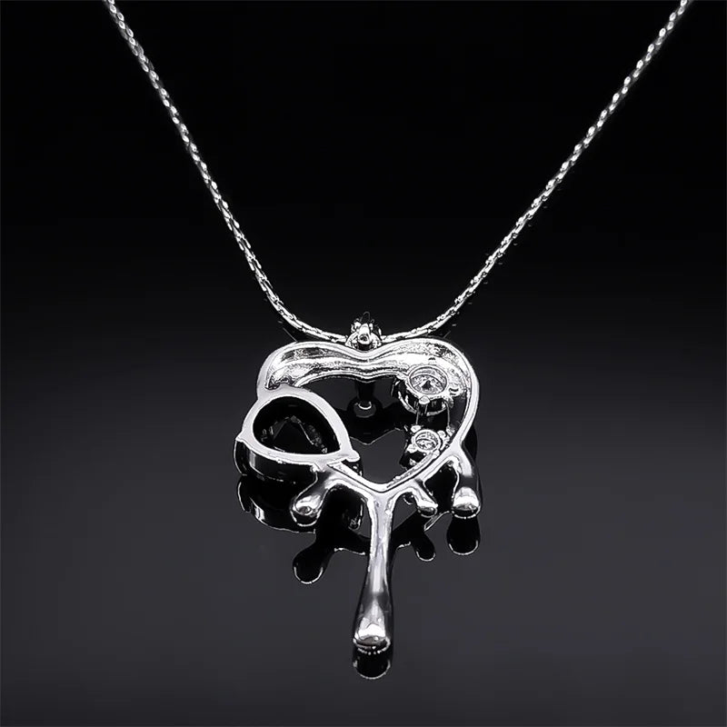 Vintage Goth Zircon Love Heart Irregular Waterdrop Choker - Women's Stainless Steel Clavicle Snake Chain Necklace