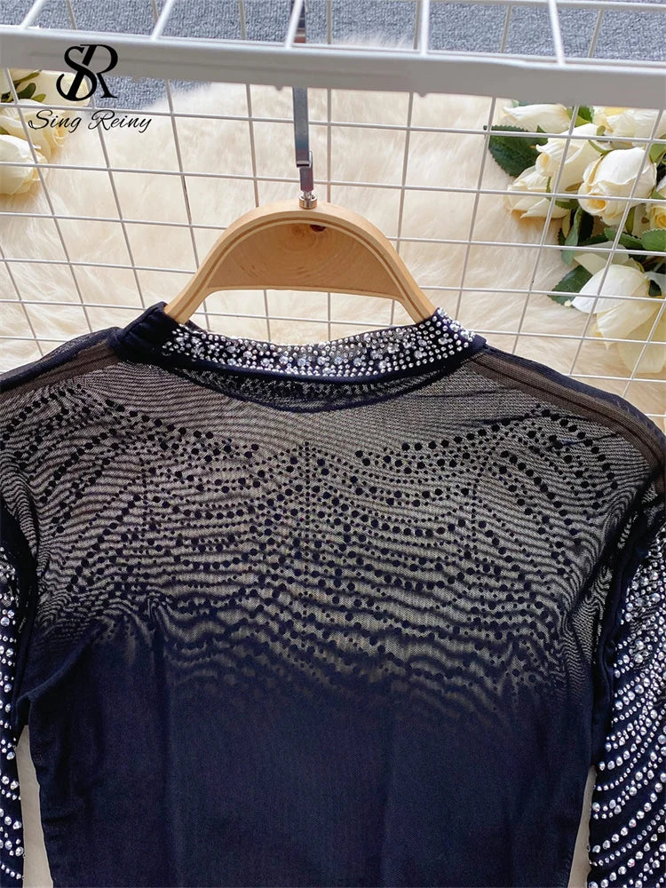 SINGREINY Women Beading Sheer Sexy Top O Neck Long Sleeves Transparent Slim Short T Shirt Streetwear Ins Shiny Sequins Blouse