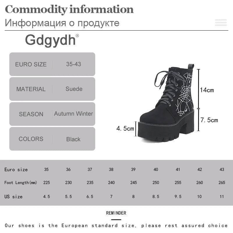 Gdgydh Fashion Embroider Womens Goth Platform Boots Round Toe Chunky Ankle Boots Punk Boots Lace Up&Zipper Suede Combat Boots