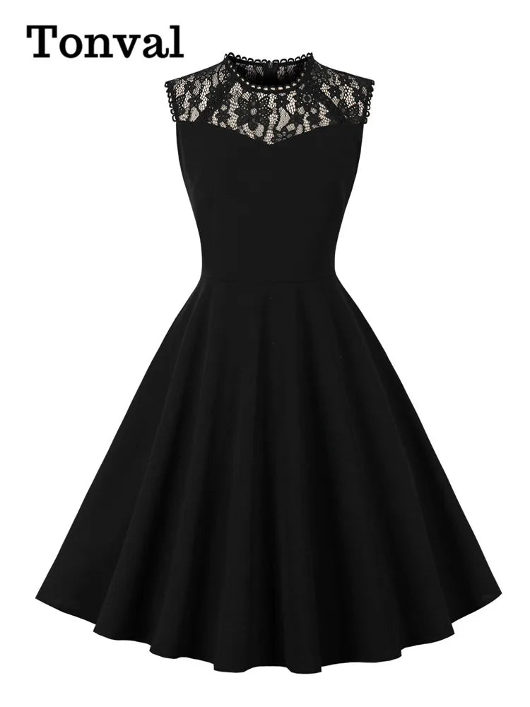 Tonval Contrast Lace Sleeveless Summer Elegant Black Dresses for Women 2023 Birthday Party Vintage A-Line Swing Dress