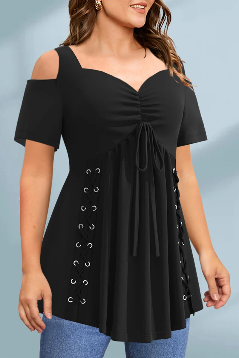 Women's Plus Size T shirts Off Shoulder Eyelet Lace Up Pleated Solid Black Short Sleeve Summer 2024 Tee Shirts Casual Loose Tops