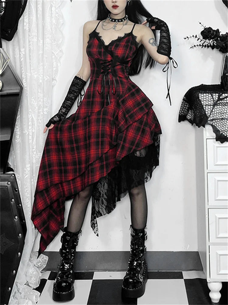 SUNSIREN Harajuku Gothic Plaid Dress for Women - Japanese Y2K 2000s Lace Patchwork Spaghetti Strap V-Neck Halloween Dress