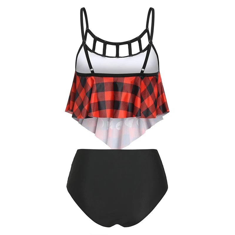 Women Two Pieces Bikini Set | Plaid Bat Print Flounce Cutout Criss Cross Tankini Swimwear | High Waist Swimsuit