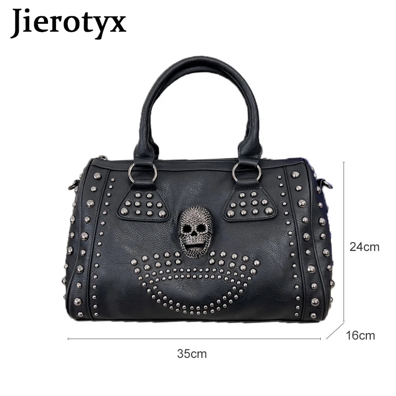 JIEROTYX Trendy Metal Skull Studded Black Handbags – Gothic Rivet Women's Purse, Satchel, Shoulder Bags with Large Capacity