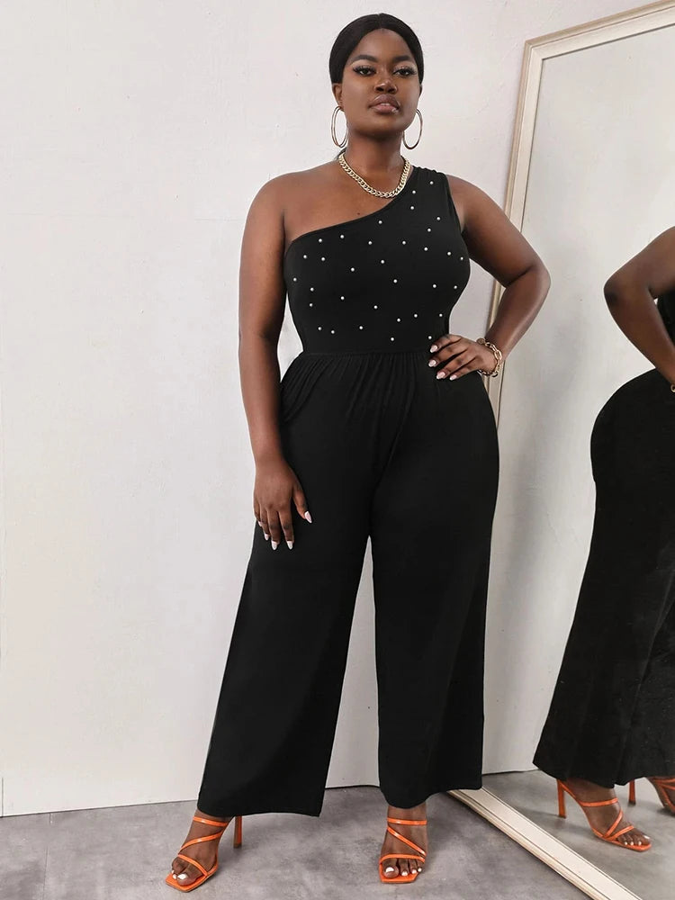 One-Shoulder Jumpsuit with Pearls – Black Sexy Plus Size Summer Outfit for Women