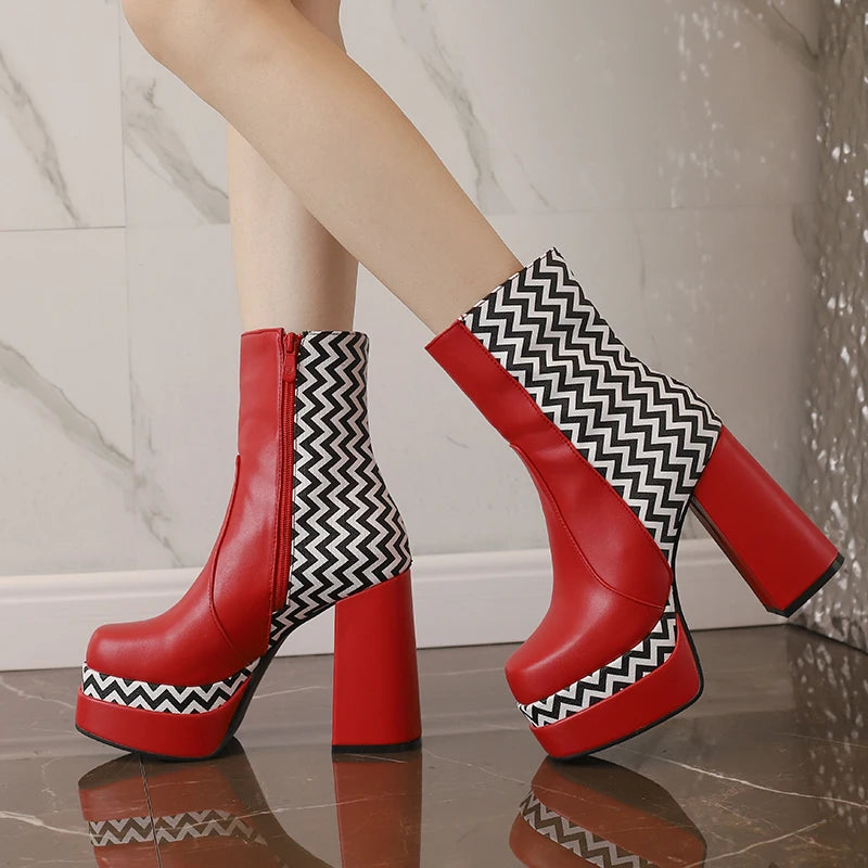 Printed Stripe Color-Matching Short Boots – Korean Style Platform Boots with Super High Thick Heels for Women