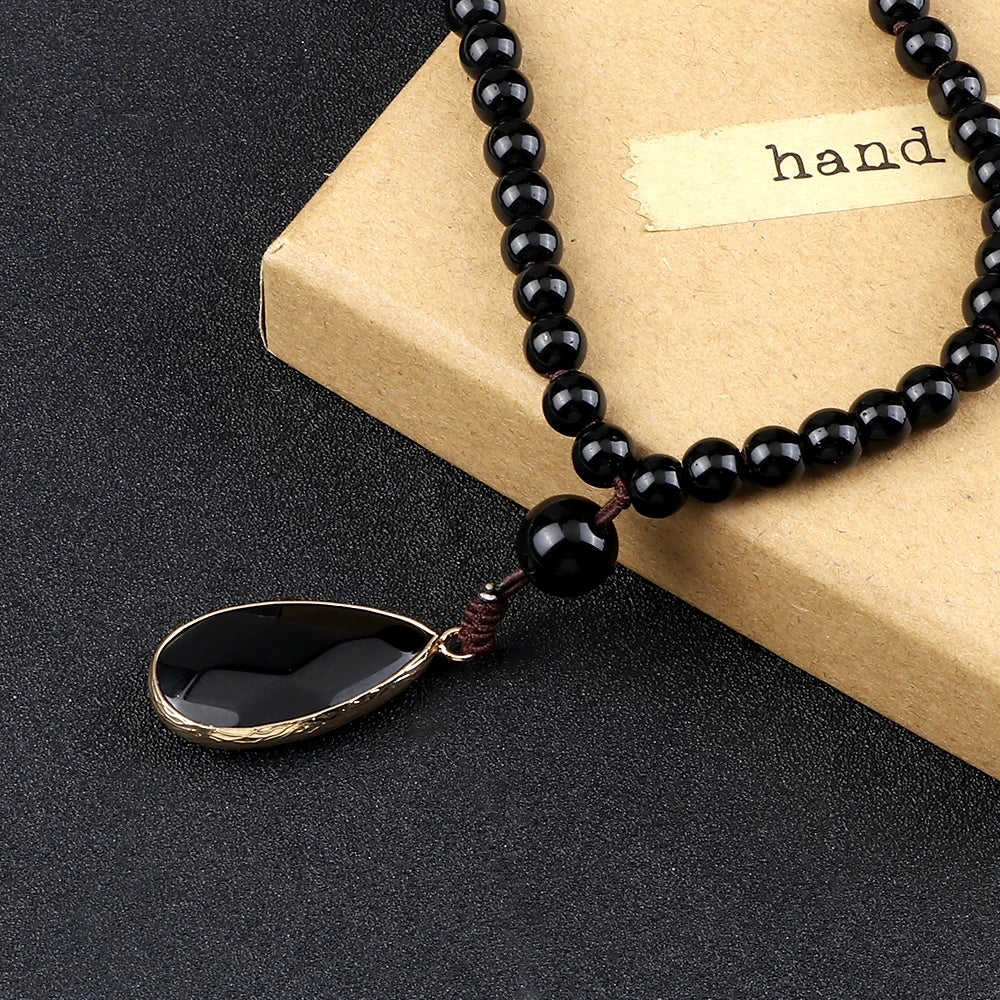 Black Obsidian Meditation Necklace For Men Natural Black Onyx 108 Mala Beads Pendnat Long Necklace Women Buddhist Prayer Jewelry