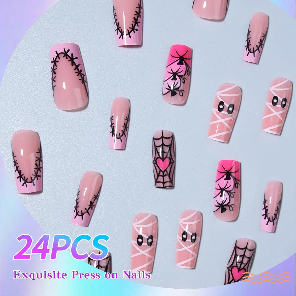 24pcs Halloween Press-On Nails – Medium Square Pink Nails with Pumpkin, Mummy, and Cobweb Design for Women