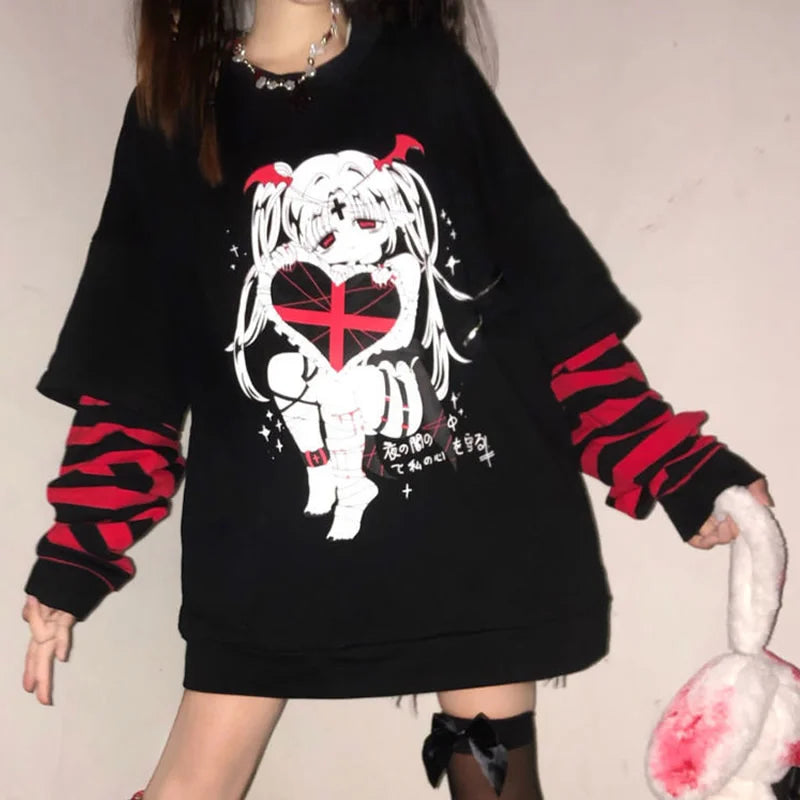 Emo Style Women's Gothic Anime Sweatshirt - Punk Y2K Graphic Long Sleeve Fairy Grunge Alt Clothes