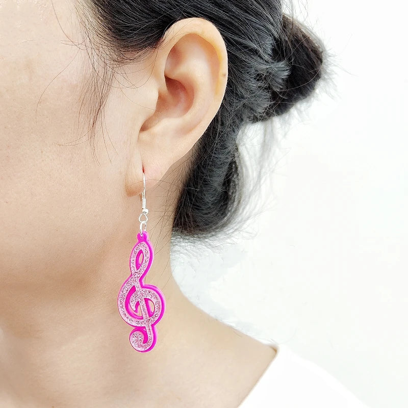 Pink Treble Clef Dangle Earrings - Glitter Acrylic, Cute Classic Fashion Jewelry Accessories by KUGUYS