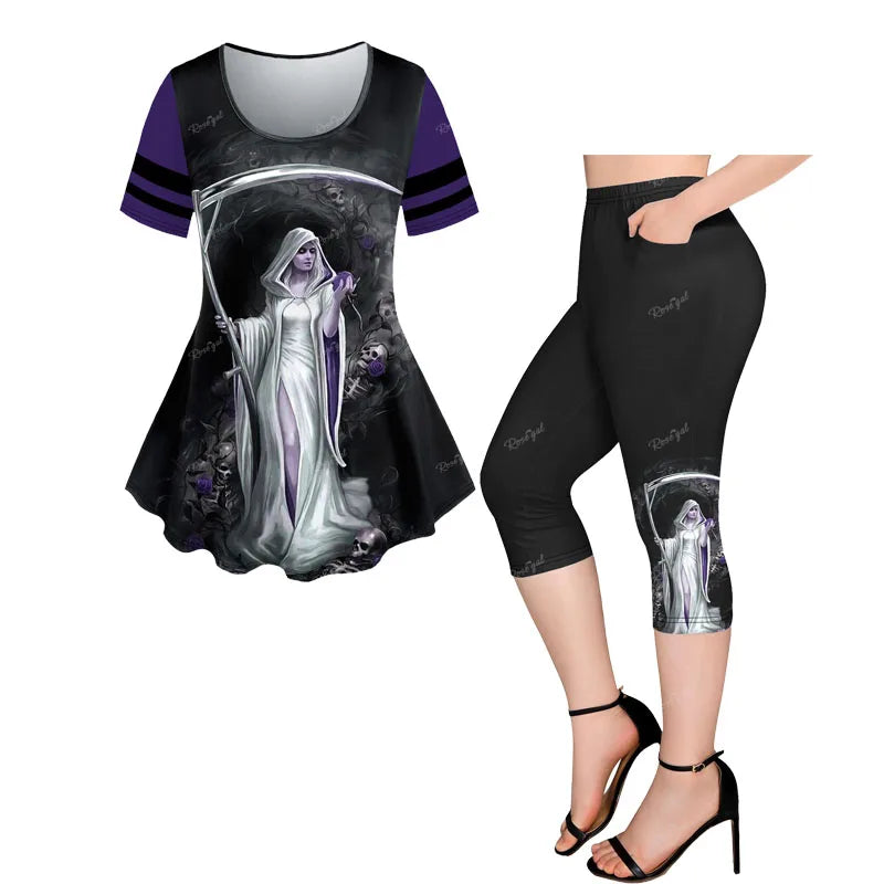 Plus Size Printed T-shirt or Pockets Capri Leggings: Women's Cat Flower Butterfly Casual Tee or Cropped Leggings XS-6X